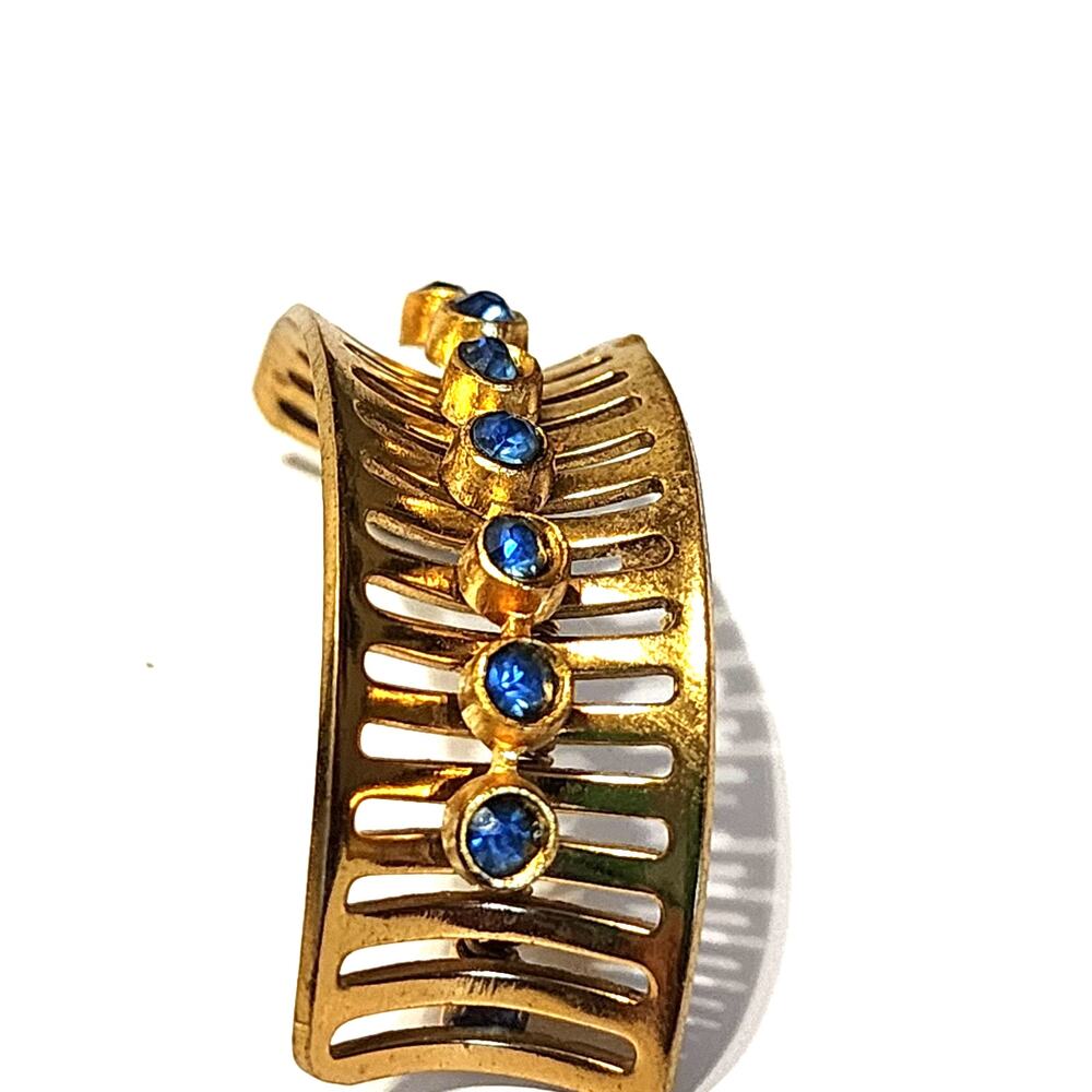 Classic 1960's Gold Tone & Blue Glass Stones Moderne Scarf Jewelry Holder Clip